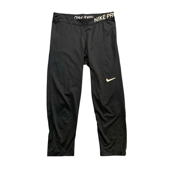 Nike Pro Leggings Womens M Medium Black Dri Fit Cropped Training Capri Swoosh - Picture 1 of 13
